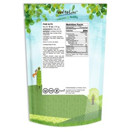 Food to Live - Pine Nuts, 6 Ounces - Whole Raw Pignolias, Unsalted, Kosher. Rich in Vitamin E, Protein. Great for Pesto, Salads, Homemade Desserts.