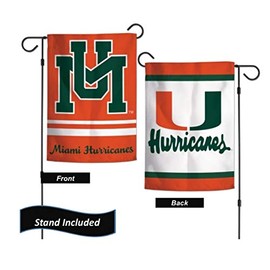 Miami Hurricanes Garden Flag Set With Stand, Printed in the USA, 12.5" x 18" College Flag With Three Piece Steel Yard Flag Stand Holder (Vault)