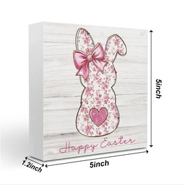 Happy Easter Decor Red Floral Chinoiserie Bunny Decorations for Home Tabletop Desk Farmhouse Bedroom Wooden Decor 5 X 5 Inch