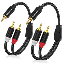 HOSONGIN RCA Y Splitter Cable, 1 Male to 2 Male Audio Cables (2 Pack), 12 Inch, 24K Gold-Plated, Cotton Braided, Shielded Subwoofer Cable for Amplifiers, TV, Home Theater, Hi-Fi Systems