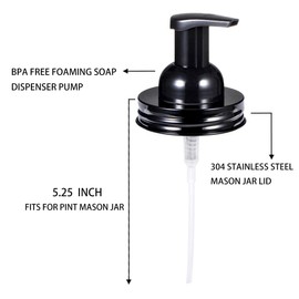 Amolliar Mason Jar Foaming Soap Dispenser Pump, Plastic Foam Soap Pump Rustproof Stainless Steel Lid, Refillable Hand Soap, Waterproof Labels, Cute Farmhouse Decor, Bathroom Accessories, Black 2 Pack