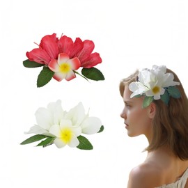 2 PCS Artificial Tropical Flower Hair Clips for Women Hawaiian Hairpin Barrette Girls Floral Hair Accessories for Luau Beach Party Birthday Wedding (White, Red)