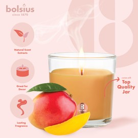 Bolsius Premium Mango Scented Candle - Long-Lasting Candle Jar, 43+ Hours Burning Time - Natural Mango Candle with Plant-Based Wax- Smokeless. Clean-Burning Aromatherapy Candle - Large, 8oz Jar