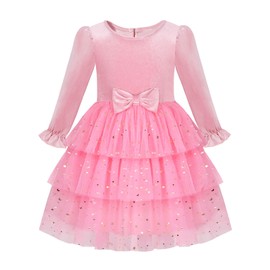 URMAGIC 2-7Y Toddler Girls Fall Winter Velvet Tulle Tutu Dresses Long Sleeve Ruffle Holiday Christmas Princess Party Dress Pink