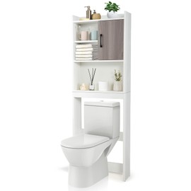 Tangkula Over The Toilet Storage Cabinet, Freestanding Tall Bathroom Organizer w/Open Shelves & Enclosed Storage Cabinet, Versatile Space Saver for Bathroom Toilet Laundry (White)