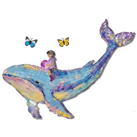 Colorful Wooden Dreamy Whale and Girl Wall Art, Cute Mosaic Style Ocean Animal Beach Theme Coastal Hanging Sign for Kids Room Bedroom Bathroom Pool Lake House Nursery Girl DIY Seaside Decor