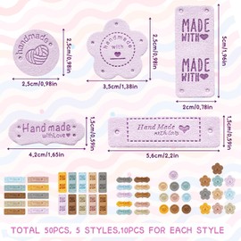 50 Pcs Handmade Labels, PU Leather Made with Love Labels Embossed Hand Made with Love Labels Sewing Hand Made Labels with Holes for Crochet, Knitting, DIY, Bags, Hats (5 Styles)