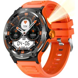 Smartwatch Compass Military Watch, Robust Smart Watch with LED Torch Phone Function 24H Heart Rate Outdoor Fitness Watch for Android iOS, orange, Tactical