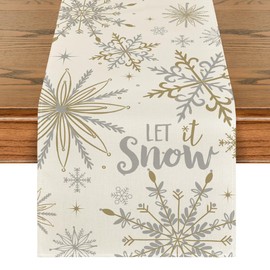 Artoid Mode Beige Snowflake Let It Snow Winter Table Runner, Seasonal Christmas Kitchen Dining Table Decoration for Home Party Decor 13x90 Inch