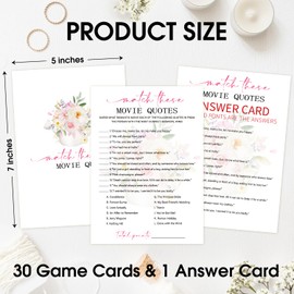 Match These Movie Quotes Bridal Shower Games, Tea Party Bridal Shower Games Cards Set of 30 with 1 Answer Card, Pink Floral Wedding Engagement Bachelorette Party Activity Reception Supplies-B16