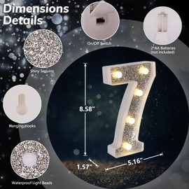 TEHIBIEN Marquee Light Up Letters, Glitter Silver LED Letter Lights Battery Powered Alphabet Letter Sign for Night Light Wedding Birthday Party Cafe Bar Decoration Girls Room Decor - Letter 7