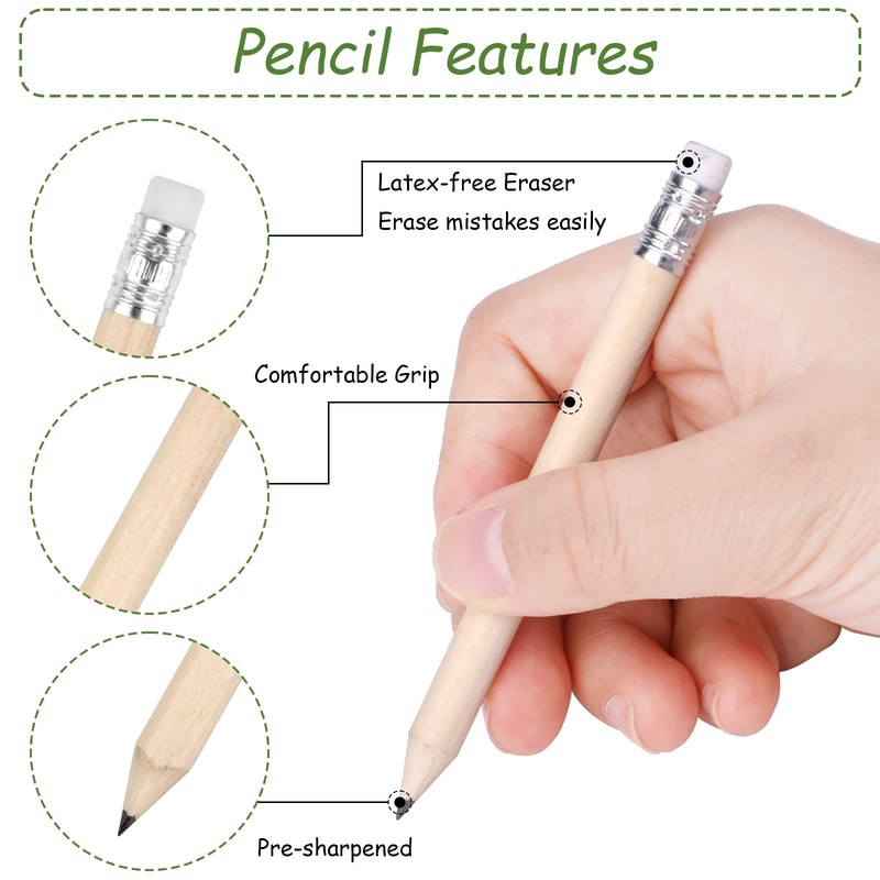 Mini Pencils, 50pcs, 10cm Long, HB Small Pencil with Rubbers,