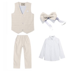 LOLANTA 4PCS Page Boys Wedding Waistcoat, Check Vest Shirt Pants Bow Tie Suit Set(Beige,12-13 Years,tag 170)