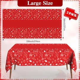 Valentines Day Tablecloth, Valentines Tablecloth, 2 PCS Disposable Plastic Red Heart Love Tablecloth Rectangular Valentines Table Cloth Table Cover for Valentine's Day Wedding Decorations, 54x108 Inch