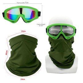 LJDJ Motorcycle Goggles,2 Pack Dirt Bike ATV Motocross Riding Hiking Protective with 2 Pack Neck Breathable Bandana Mask (Green/Clear+Colorful Lenses)