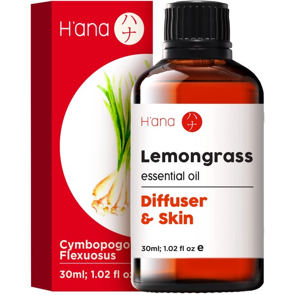 H’ana Lemongrass Essential Oil (1 fl oz) - 100% Pure Therapeutic Grade Lemon Grass Oil Essential Oils for Diffuser, Bees, Skin & Hair