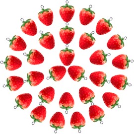 OIIKI 30Pcs 3D Red Strawberry Pendants, Cute Resin Hanging Fruit Beads DIY Crafts Supplies Decorative Accessories for Jewelry Making Necklaces Earrings Bracelets