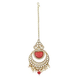 I Jewels Gold Plated Indian Wedding Bollywood Kundan Pearl Maang Tikka for Women (T2140R), No Gemstone