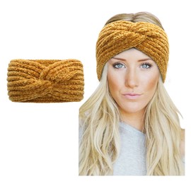 Winter Knitted Headband - Women Crochet Ear Warmer Twist Headwrap, Chenille Cable Knit Head Wrap Soft Turban Headband (Yellow)
