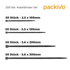 Set of 200 Black Cable Ties - 100/150/200/300 mm - 50 Pieces of Each Assortment Nylon Various Sizes Super Durable Cable Ties for Cable Management, Gardening, Living, Workshops, Car