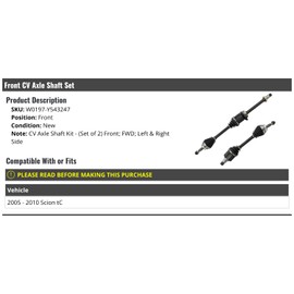 Marketplace Auto Parts - Front CV Axle Shaft Set of 2 - Compatible with 2005-2010 Scion tC