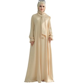 khalat Women Muslim Dress Middle East Robe Islamic Clothing with Hijab Scarf Lace Sleeve Flowy Abaya Dress Beige
