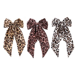 3 Pcs Hair Bows for Women, Big Bow Hair Clip with Long Tail, Leopard Costume Accessories, Satin Print Bow Ribbon Barrette, Leopard Print Ponytail Accessories for Women Girls
