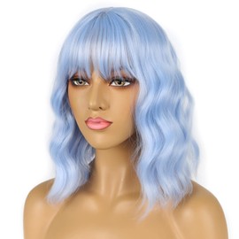 LANICE Light blue Short Bob Wigs with Bangs for Women Loose Wavy Hair Shoulder Length Wigs Synthetic Colorful Wigs for Cosplay Daily PartyUse(Light blue，12inch)