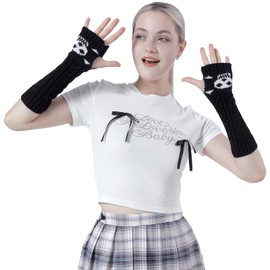 HeyToo Knit Fingerless Gloves for Women Winter Fingerless Long Gloves for Women Women’s Long Knit Fingerless Gloves, Twisted Skull, One Size