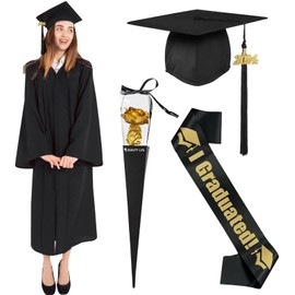 Amycute Graduation Talar with Hat, Black Robe, Unisex Graduation Robe, Hat, Academic Talar, Plain Dress, Graduation Hat, Tassel 2025 for Graduation Party (Style A, 2XL)