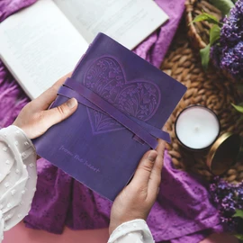 Sovereign-Gear Leather Journal for Women, Handmade Purple Heart Bound Journal with Stylish Pen, Vintage and Classic, A5 Embossed Heart Leather Notebook, 8x6 Unlined Sketchbook
