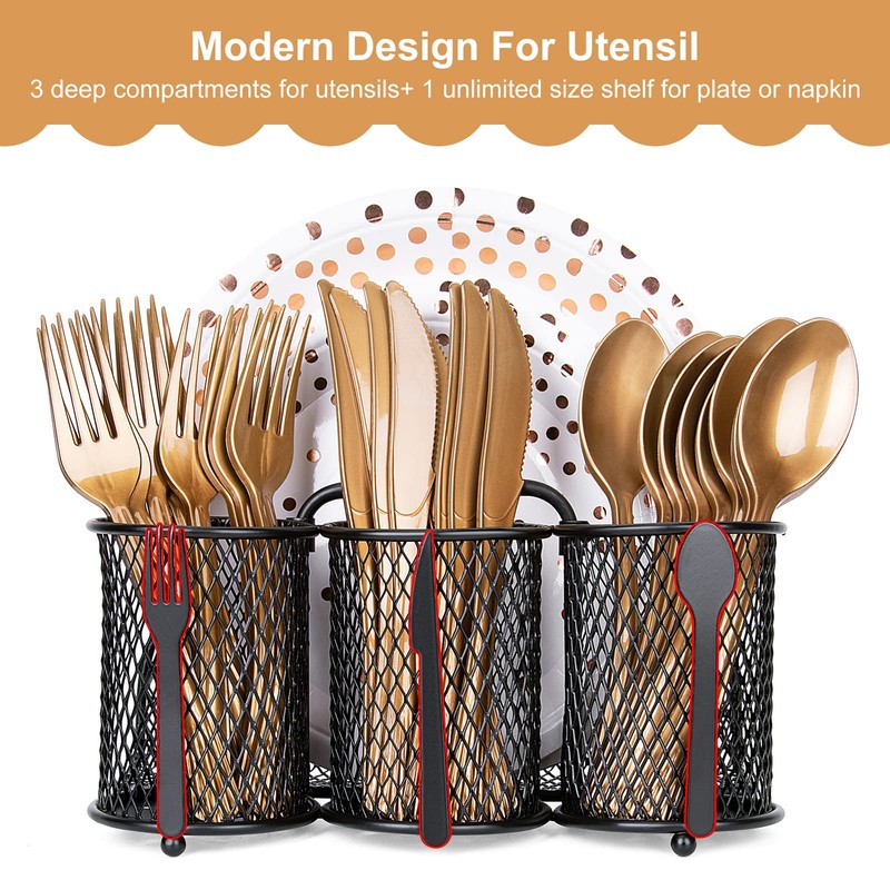 DTICON Metal Utensil Caddy Silverware Organizer, Paper Plate Holder Cutlery
