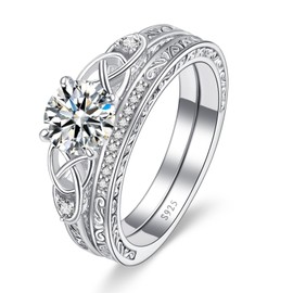 Bonlavie Vintage Celtic Knot Engagement Ring for Women Sets 925 Sterling Silver Stackable Wedding Rings for Women Cubic Zirconia Bridal Sets Band Jewellery Valentines Day Gift Width 1.8mm