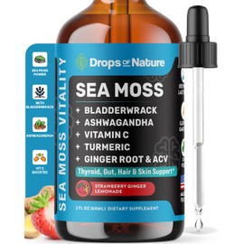 Ashwagandha & Turmeric Liquid Drops - Vitamin C, Sea Moss, Apple Cider Vinegar, Bladderwrack - Vegan Liquid Drops for Comprehensive Wellness Support & Vital Immunity (Strawberry Ginger Lemonade, 60mL)