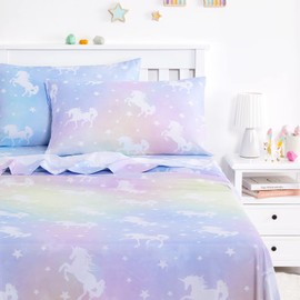 Wake In Cloud - Unicorn Bed Sheets for Girls, 4-Piece Sheets Set Kids, Colorful Rainbow Unicorns Pattern Animal Stars Soft Lightweight Bedding, Deep Pocket, Purple Blue, Full Size