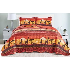 Masterplay 3-Piece Fine Printed Oversize (100" X 95") Quilt Set, Bedspread Coverlet Queen Size Bed Cover (Crimson Red, Orange, Brown, African Safari)