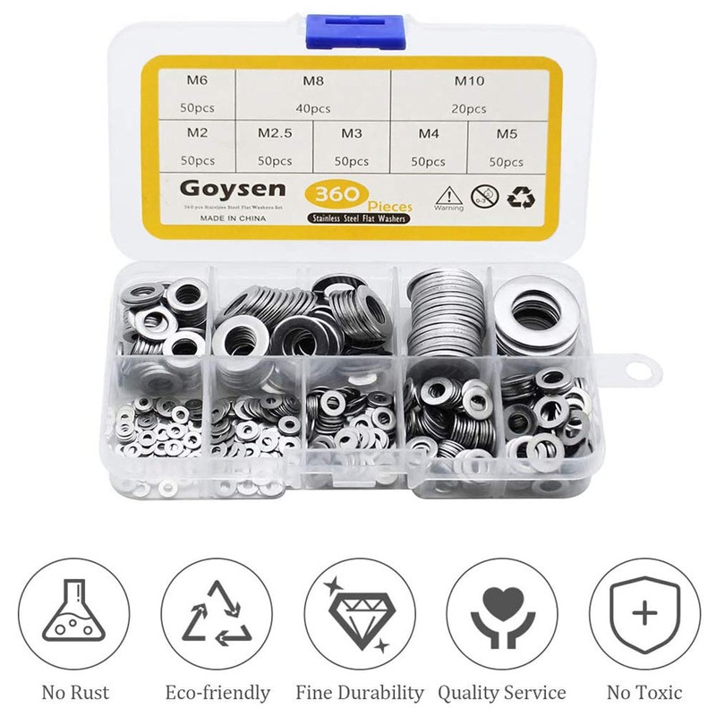 Goysen Stainless Steel Flat Washers, 360PCS Assorted Flat Metal Washers