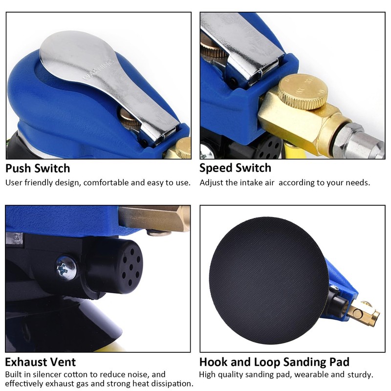 Air Random Obrital Sander 5" Dual Action Palm Sander, Hook