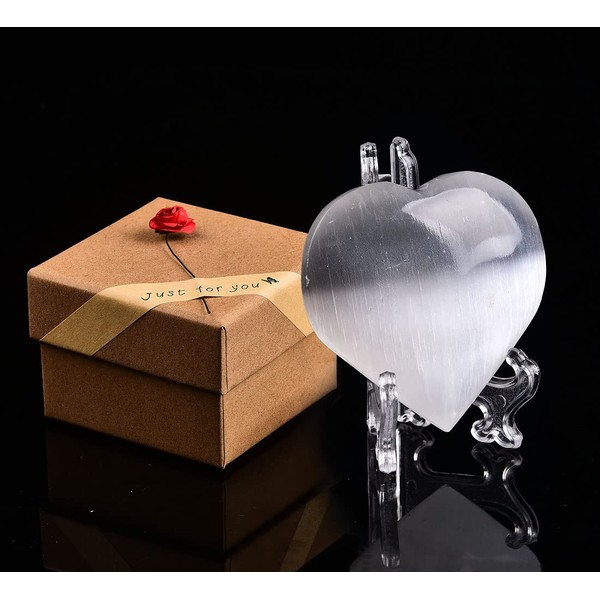 JIC Gem Selenite Heart 2 Inch(60mm) Love Palm Worry Stone Crystals and Healing Stones with Free Display Holder and Gift Box Home Decoration