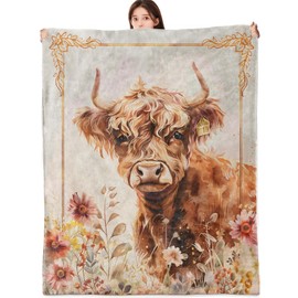 vnlvnl Cute Highland Cow Blanket Lightweight Flannel Blankets Gifts for Adults with Pastoral Floral Style Printed Throw for Couch Chair Office Rv Bedroom Decor, 60x50inch