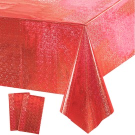 Party Tablecloth Red Glitter - Birthday Tablecloths Foil Plastic Disposable Party Decoration for Carnival Casino Circus Fire Brigade Las Vegas Ruby Wedding Ladybug Valentine's Day Tablecloth