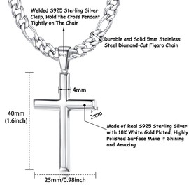 Krfy 925 Silver Cross Pendant Necklace for Men Women with 5 mm Durable Stainless Steel Diamond-Cut Figaro or Curb Chain Necklace 18K White Gold Plated Cross Pendant Necklace for Men 18-30 Inches,