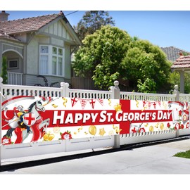 DPKOW Happy St. George's Day Banner, Long Fabric England National Day Banner for St. George's Day Decorations, Red White St George Flag Backdrop Banner for Patriotic Themed Party Decorations, 270*40cm