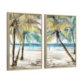 Abstract Palm Tree Paintings Framed: Tropical Seaside Coconut Tree Canvas Painting Golden Framed for Living Room (24''W x 36''H x 2 PCS, Multi-Sized)