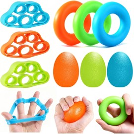 Set de 9 Ejercitadores de Mano Terapéuticos - Anillos y Huevos de Silicona para Rehabilitación de Dedos, Alivio de Artritis y Fortalecimiento Muscular, Ideal para Mayores, Oficinistas y Recuperación Post-Lesiones (Incluye Bolsa de Almacenamiento)