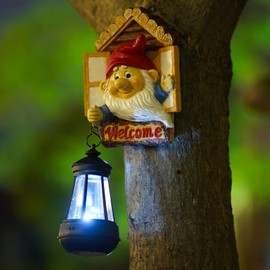 Yeomoo Funny Garden Gnomes Solar Figures Garden Decoration for Outdoor Use - Garden Gnome with Solar Lantern, Tree Trunk, for Women, Men, Mum, Birthday, Garden Tree Accessories, Balcony Decoration