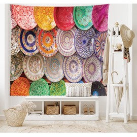 ABAKUHAUS Moroccan Tapestry, Traditional Arabic Handcrafted Colorful Plates Shot at the Market in Marrakesh, Fabric Wall Hanging Decor for Bedroom Living Room Dorm, 90 W X 54 L, Multicolor