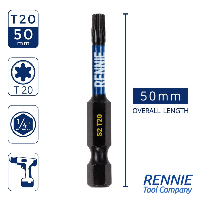 5 x Rennie Tools 50mm Long T20 TX20 Impact Screwdriver