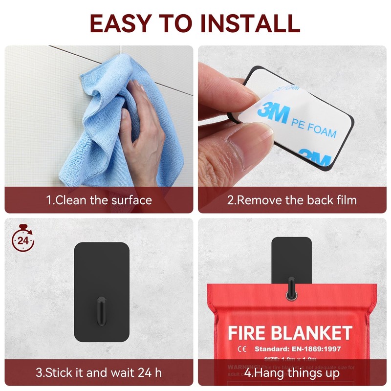 KRUI Emergency fire Blanket Hooks (Black, 8 PCS)