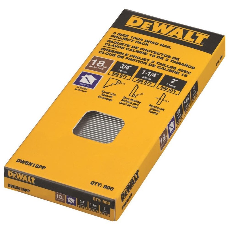 DeWalt DWBN18PP 18 Gauge Brad Nail Project Pack, Sizes 3/4",
